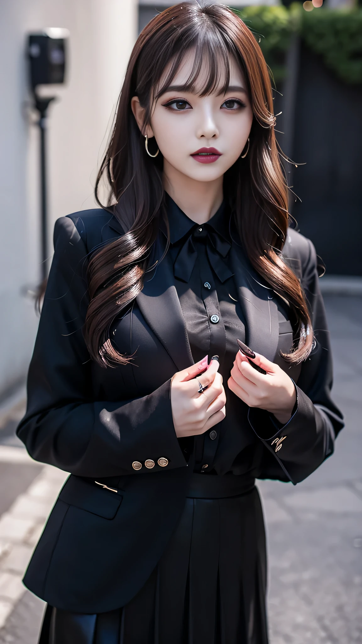 2girls、best quality、ultra-detailed、4k、Japanese、Seductive beauty、seductive adult woman、Pretty Woman、cool girl、Villainess、Brainwashed、brainwash、Fallen into evil、smirk、Evil look、Wicked Smile、evil、Brown hair、wavy hair、swept bangs、dark makeup、dark makeup、piercing eyes、hollow eyes,half-closed eyes、Hollow Eyes、Purple Eyeshadow、black lipstick、black lipglos、suit、Jacket、blouse、Black Ribbon、skirt、slit、Beautiful feet、night、Eerie Citadel、Are standing