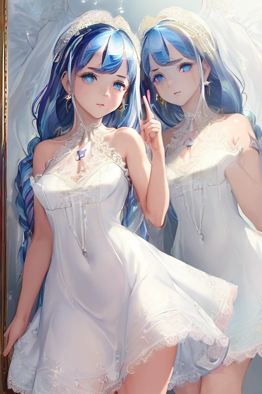 (masterpiece:1.8), ((ultra quality)), ((super fine illustration)), ((stunning cg)), (perfect anatomy:1.2), limb and hand and finger and arm, hands finger 5 digits,
1girl, solo, from front, ((very beautiful and cute girl)), ((16years old girl)), ((gradation colored hair silver:1.4 pale blue:0.6)), (super long hair), bang, braid, fine detailed blue eyes, small bast, ((curtsey)), (covered creavege), (collarbone), jewelry, earrings, parted lips, ((lace trimmed white dress:1.8)), ((gold trimmed white dress)), ((halterneck dress:1.6)), (see-through), covered navel, skindentation, ((Silver embroidery)), ((silver embroidery on the hem)), ((floral embroidery)),
(best shadow:1.3),
(soft shadow:1.1),
(beautiful shadow:1.3),
(beautiful reflection:1.3),
(Prismatic light),
(sparkling light),
(beautiful light),
(fantastical light),
(prismatic reflection),
(soft reflection:1.3),
(natural reflection:1.2),