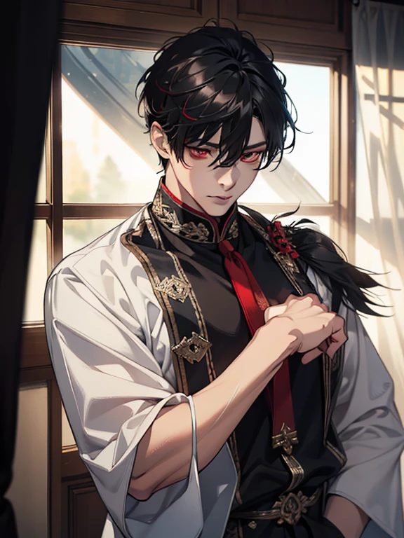 1 male, Beautiful male, (black short hair, Korean lattice curtains) , ((red eyes)), (Sharp and beautiful eyes), muscles, 8k, Quilty Altitude, Realistic, Beautiful realism, outstanding detail, RAW photo, Realistic clothes, realistic hair, realistic eyes, Light and cool lighting, realistic photo, Cel shaded, Gel lighting, ultra-detail, realistic hair, realistic eyes, selfie, male