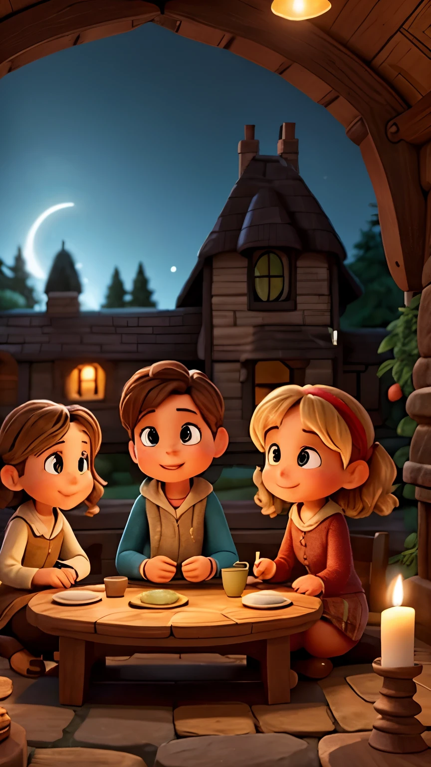 A delightful Pixar-style animated scene featuring four enthusiastic friends huddled around a wooden table in a quaint, cozy cottage. The warm glow of flickering candles illuminates their faces as they study an old, intricate map spread out before them. The friends, each with distinct personalities and features, are planning their daring adventure into the mysterious and forbidden forest. The cottage's stone fireplace crackles in the background, adding to the sense of adventure and excitement.