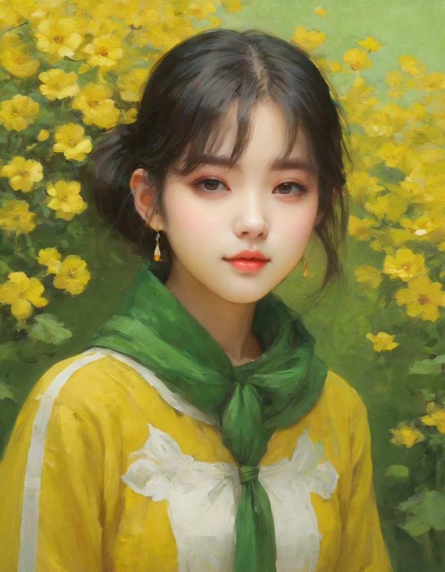 1 girl、Yellow green、oil、oil painting、oil painting style、(highest quality、masterpiece、High resolution、detailed)anime、(Shining Eyes、detailed美しい顔),  BREAK,