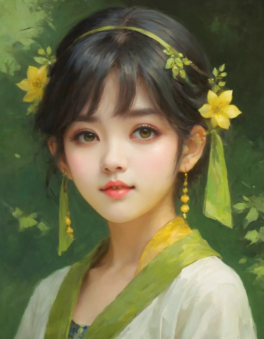 1 girl、Yellow green、oil、oil painting、oil painting style、(highest quality、masterpiece、High resolution、detailed)anime、(Shining Eyes、detailed美しい顔), BREAK,