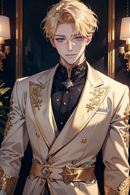 {(best quality, 8k, masterpiece, HDR, soft lighting, perfect image, digital illustration, manhwa art, hyper detailed image, perfect lines, realistic)} 1 very handsome man, short blonde hair, blue eyes, luxurious clothes (imposing posture, smiling), {(black background with golden sparkles)}