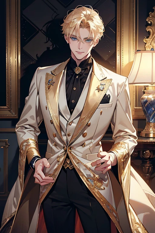 {(best quality, 8k, masterpiece, HDR, soft lighting, perfect image, digital illustration, manhwa art, hyper detailed image, perfect lines, realistic)} 1 very handsome man, short blonde hair, blue eyes, luxurious clothes (imposing posture, smiling), {(black background with golden sparkles)}