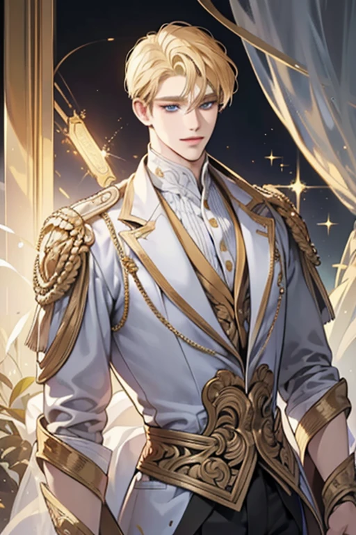 {(best quality, 8k, masterpiece, HDR, soft lighting, perfect image, digital illustration, manhwa art, hyper detailed image, perfect lines, realistic)} 1 very handsome man, short blonde hair, blue eyes, luxurious clothes (imposing posture, smiling), {(black background with golden sparkles)}