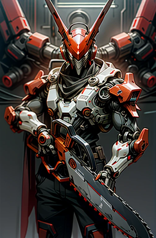 dark_Fantasy,cyber punk,(Chainsaw,Chainsaw man,red:1.1),1 person,Wonders of the machine,Robotic presence,Cybernetic Guardian,