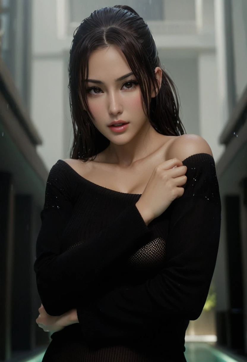 ultra high res, masterpiece,  best quality, perfect glossy shiny skins, perfect lighting, detailed lighting, dramatic shadows, ray tracing, black sweater, looking at viewer, off shoulder, Big breasts, Exposed cleavage, blue Eyes, sharp face, sharp eyes, long bangs, short cut hair, nsfw, , ((Dark background)), oversized hoodie, Wearing a black hoodie, Wearing an ugly black hood, wet sweaty, soaking wet, (( tattoos on the arms)) ,