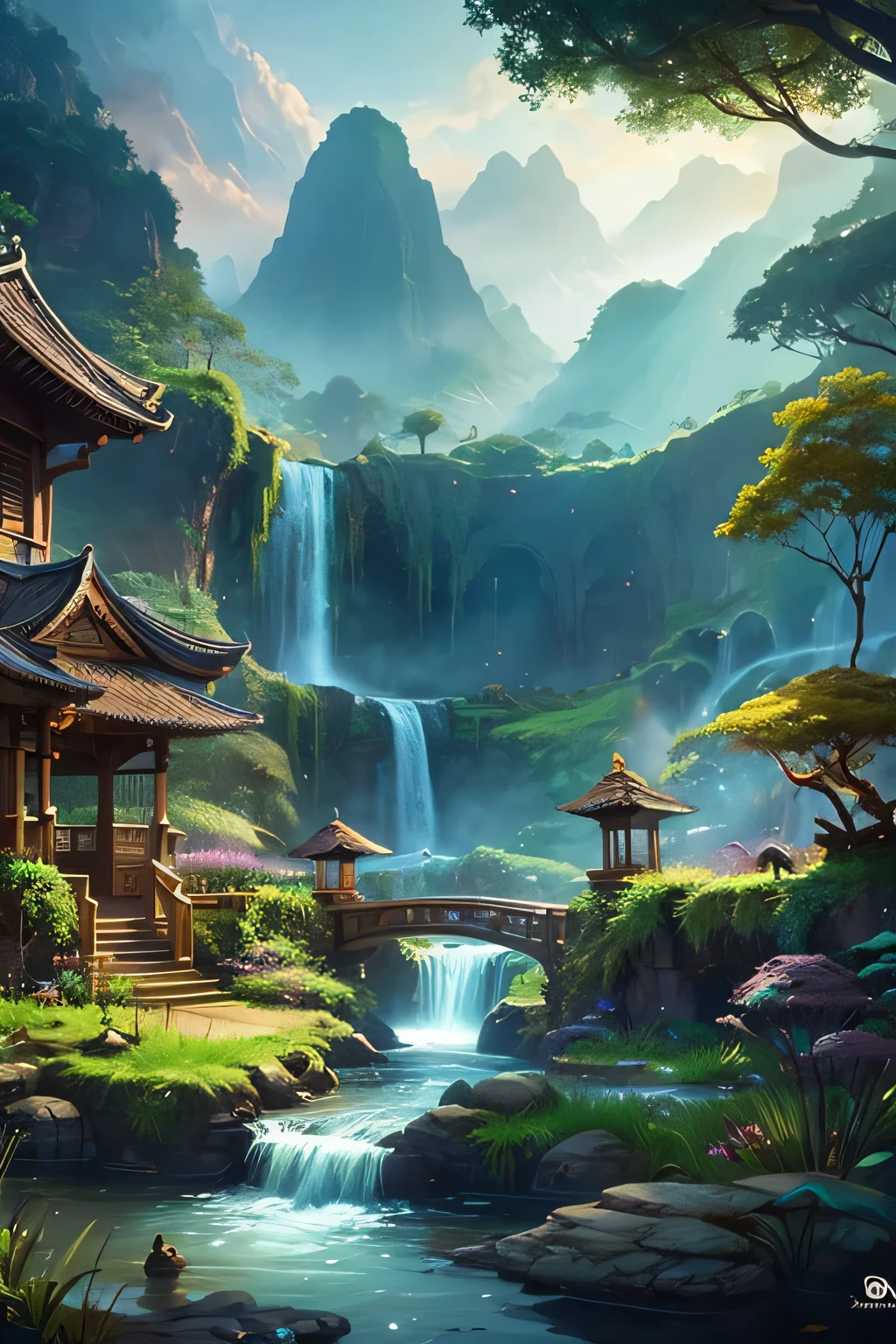 The waterfall can be seen from Alafud,There is a pagoda and a waterfall in the background, Fantasy painting,Lovely, Landscape Artwork, Game Art Painting, Illustrations, Dota! Concept Art, Dota Concept Art, 2. 5d cgi anime fantasy artwork, Dreamy matte, Fantasy painting, Avatar Landscape, Game map painting