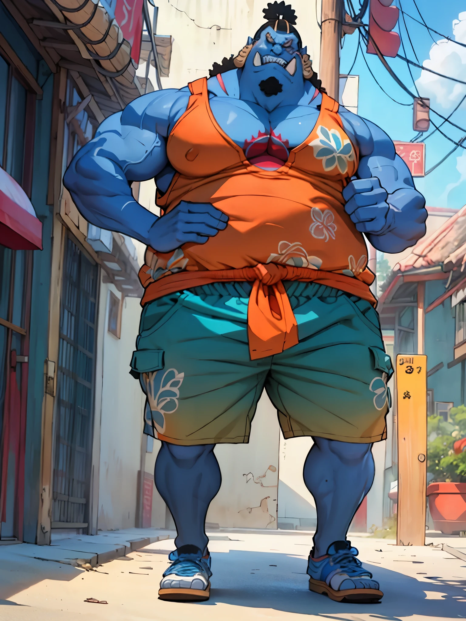 chubby man (jinbei) in street, (blue skin, blue skinned), muscular, pectoral, wide pectoral, beach, palm, realistic, 8k, masterpiece, (wearing shorts and tank top, shoes)