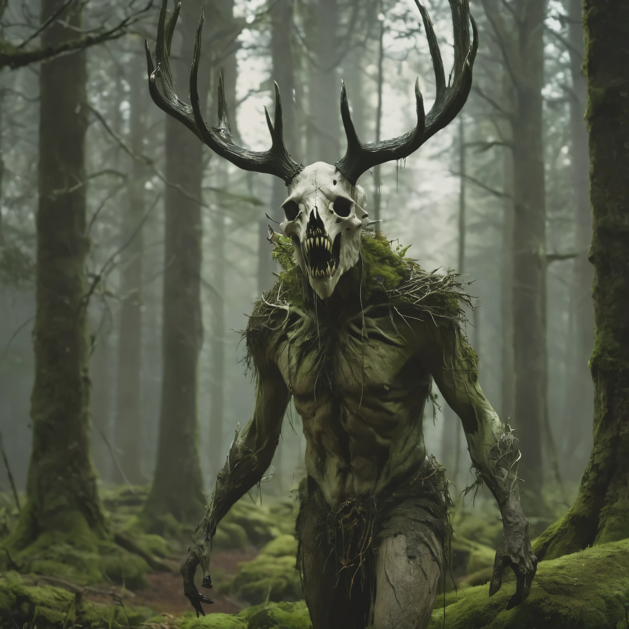 Full Body portrait of scary monster made of wood,  Leshen, Use a deer skull as a face, Moss, Clothing made from human skin, Wolves as pets,  Dark and mysterious forest landscape , Fantasy, dark Fantasy , Medieval, Full Body , Cinematic, give , 8K, Unreal Engine, Realistic, masterpiece, High Detail, Full Body , SF, Low lifespan, Volumetric lighting