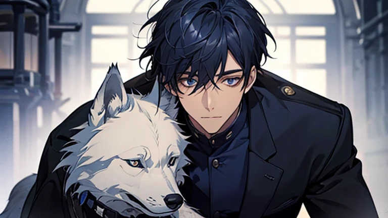 masterpiece, highest quality, Confused, male,one person,Navy Blue Hair, Low Ponytail,Black and navy blue pilot suit,expensive,,Carrying wolves,He has a navy blue coat draped over his shoulders,,dark blue eyes,A soft smile,With the wolf,dawn