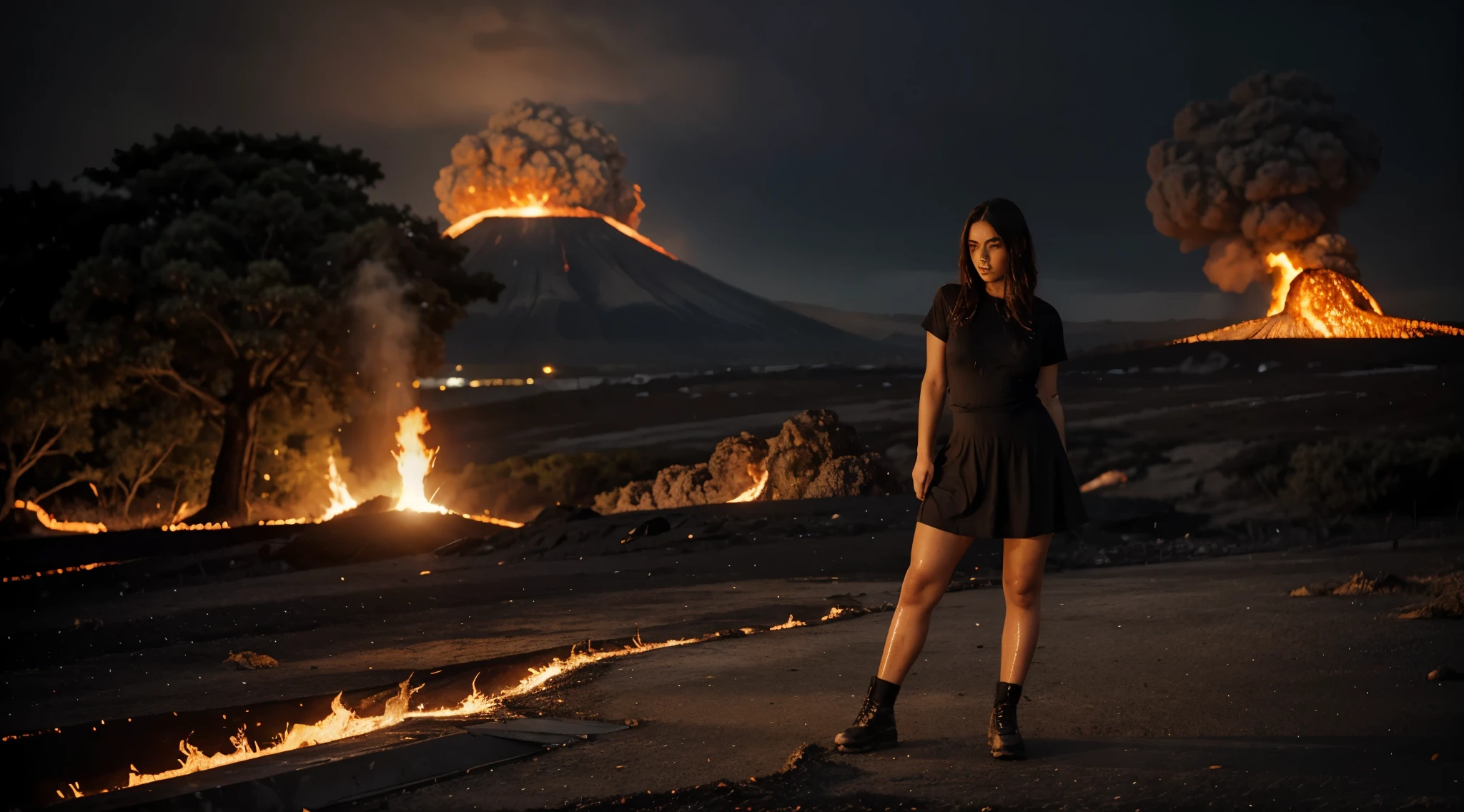 A woman of normal build, com cabelos castanhos molhados e seios pequenos, it is very sweaty and wet, gotas de suor em seu corpo, vestido com uma camiseta leve encharcada, short skirts e botas, standing on incandescent lava against the backdrop of an erupting volcano, dark sky in smoke, Flames from the ground, shoes are visible