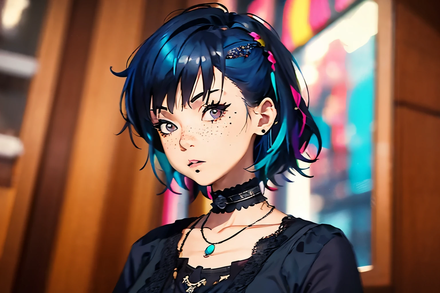 masterpiece, highest quality,3D rendering work ,3dmm style,close,Portraiture, 3D,1 girl, alone, Colorful Hair, Blue Hair, Black Hair, necklace, freckles, jewelry, two tone hair, When you look to the side, Realistic, Upper Body, Simple Background, bangs, avert your eyes, short hair, parted lips, black eye, lips, Gothic, choker, Compensate, Mole, black shirt, shirt, watermark