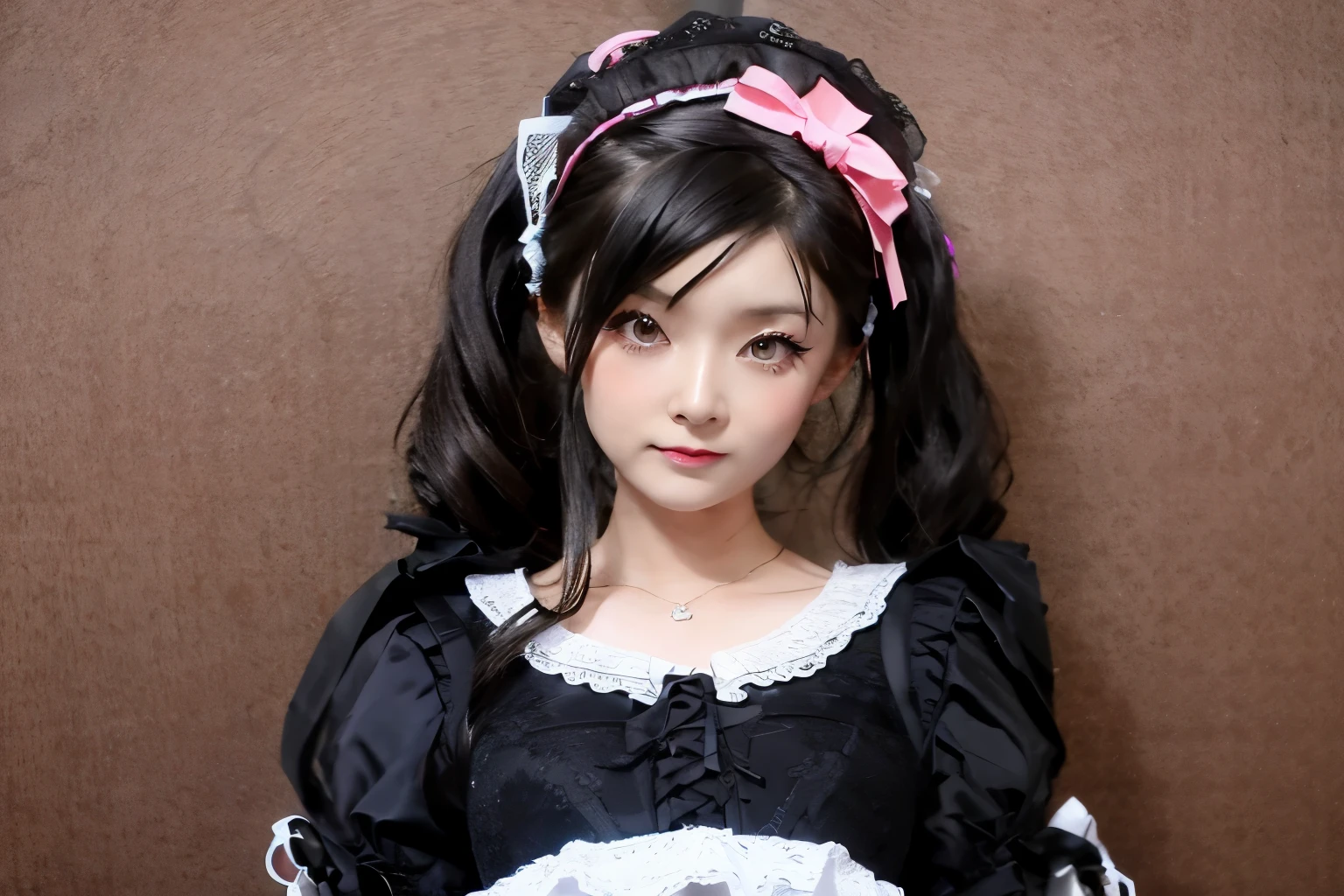 Hime Cut and Gothic ta、Loliashion、Then generate an image of a female fashion model wearing a headband.。She incorporates elements of gothic Lolita fon,、Make sure you give off an elegant and princess-like impression.。Her hairstyle is a hime cut、She features short bangs and soft long hair.。Her outfit incorporates elements of Lolita FashiRuffles and laces、corset、And includes gorgeous dresses。Also、I'm wearing a headband、It also matches perfectly with the Gothic Lolita style.。Hepression and pose are elegant.、Shows confidence and class。The background contains fantasy elementake sure it matches her style。The generated image is、It is expected to be used in fashion magazines and as art pieces.。