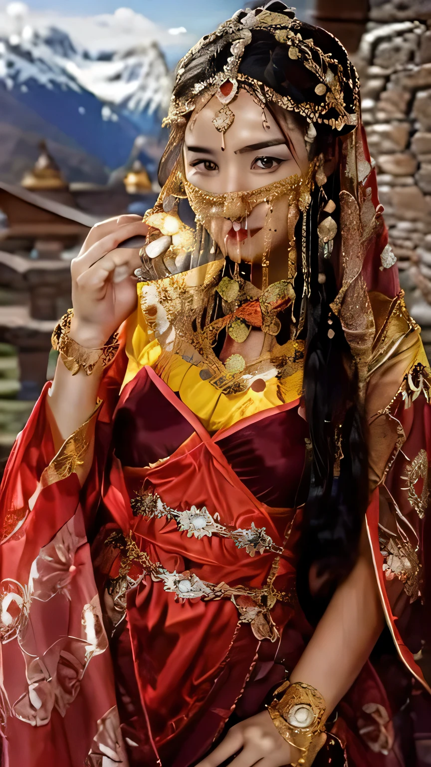 A mystical beauty with long, dark hair adorned with prayer beads, dark brown eyes, and Asian features. Wearing a vibrant silk kira (national dress) with intricate patterns that flows to her ankles, she holds a prayer wheel in her hand. The scene is set in front of a majestic Dzong (fortress monastery) perched amidst a breathtaking Himalayan landscape with snow-capped mountains.