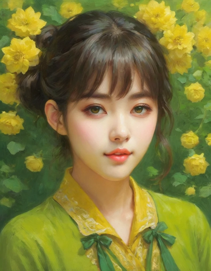 1 girl、Yellow green、oil、oil painting、oil painting style、(highest quality、masterpiece、High resolution、detailed)anime、(anime style)、(Shining Eyes、detailed美しい顔), BREAK,