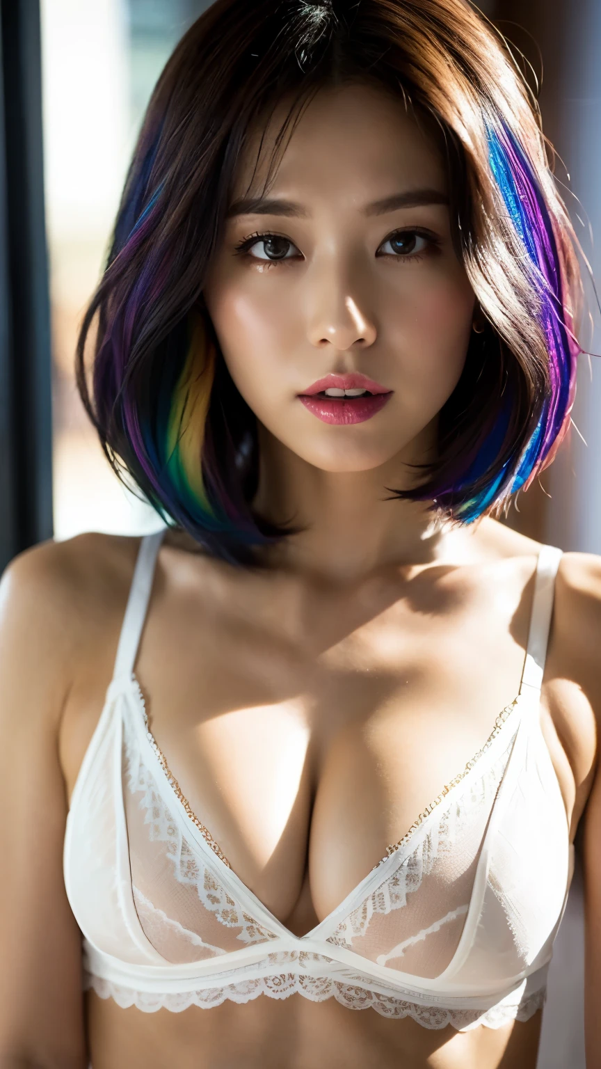 (Highly detailed CG synthesis 8k wallpaper, masterpiece, highest quality, Super Detailed, Best Shadow), (Rainbow Hair: 1.4), (Detailed Background) (8k, masterpiece, highest quality, Super Detail: 1.2), 1 girl, brown hair, short hair, Highly detailed face, Beautiful and detailed, Beautiful and delicate lips, Cinema Lighting, Cinema Lighting, Ray Tracing, figure, Messy Hair, Victoria&#39;s Secret white lingerie,