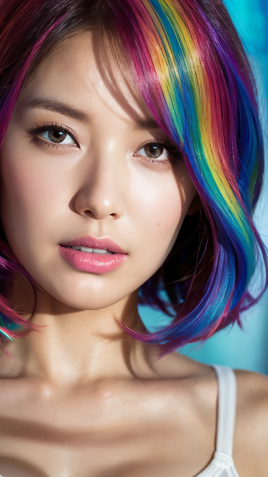 (Highly detailed CG synthesis 8k wallpaper, masterpiece, highest quality, Super Detailed, Best Shadow), (Rainbow Hair: 1.4), (Detailed Background) (8k, masterpiece, highest quality, Super Detail: 1.2), 1 girl, brown hair, short hair, Highly detailed face, Beautiful and detailed, Beautiful and delicate lips, Cinema Lighting, Cinema Lighting, Ray Tracing, figure, Messy Hair, Victoria's Secret white lingerie,