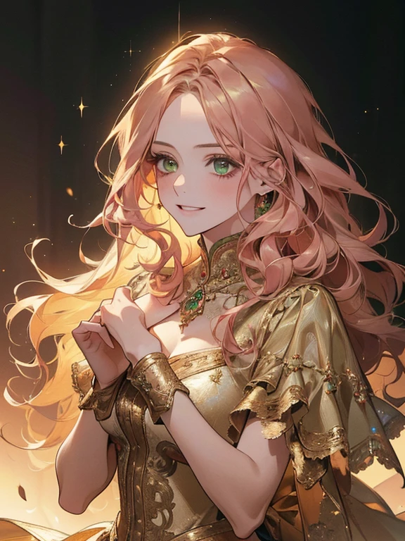 {(best quality, 8k, masterpiece, HDR, soft lighting, perfect image, 1:2 detailed face)} 1 girl, pink wavy hair, green eyes (light smile) wearing luxurious dress, dreamlike background , details in gold and sparkles