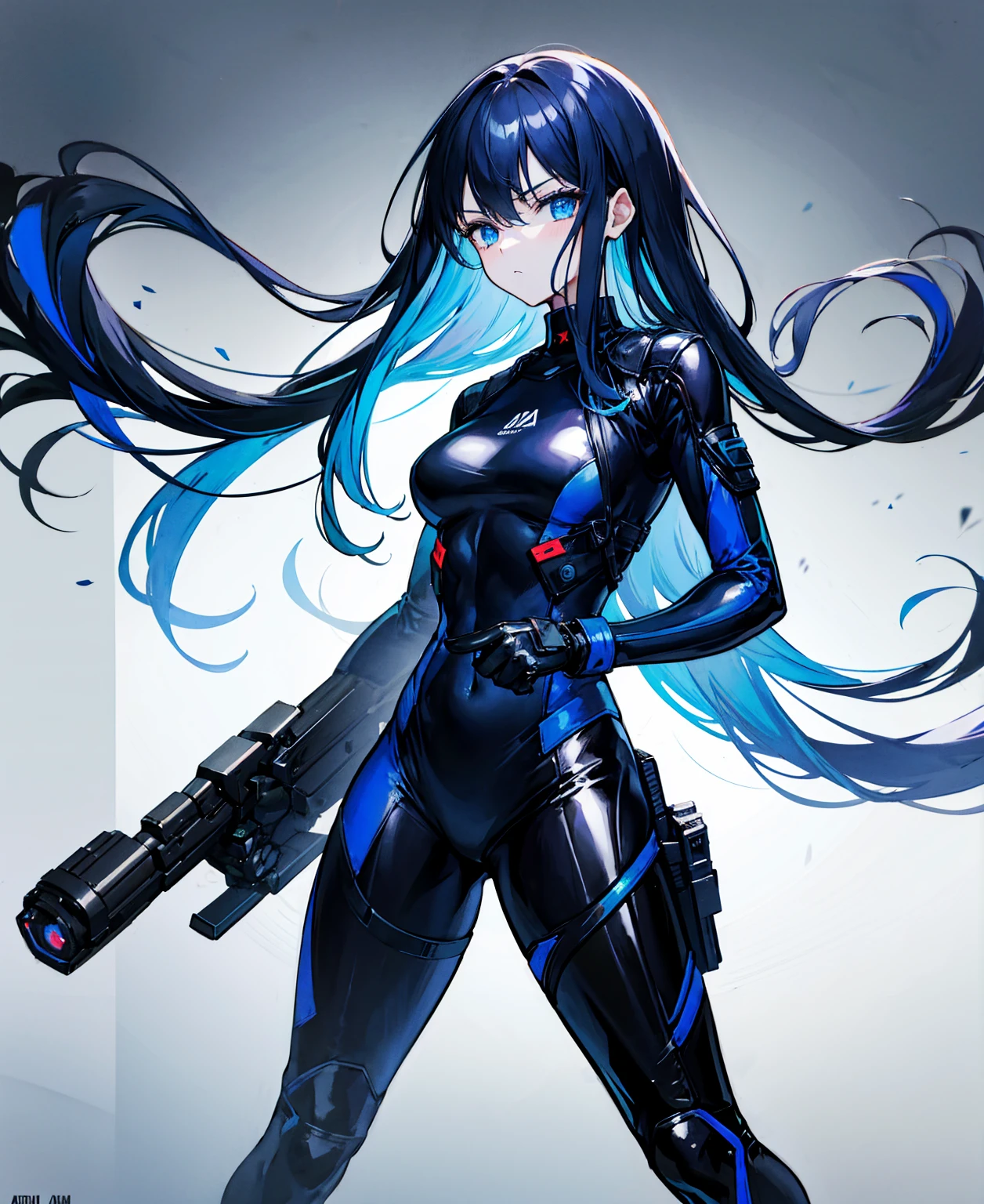 There is no background，girl，Carry a firearm，Patent leather tight suit，Use of firearms，Navy blue long hair，attention arousal，Blue colored eyes,No gradients