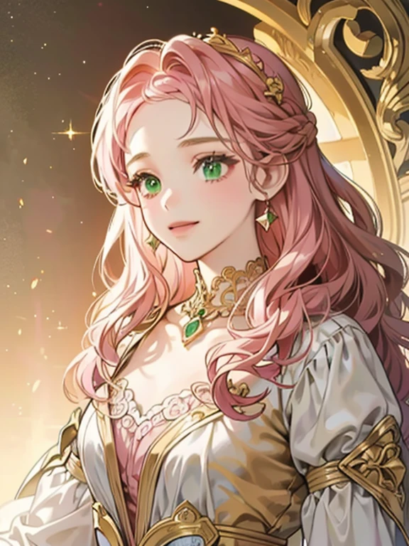 {(best quality, 8k, masterpiece, HDR, soft lighting, perfect image, 1:2 detailed face)} 1  girl, pink wavy hair, green eyes (light smile) wearing luxurious dress, dreamlike background , details in gold and sparkles