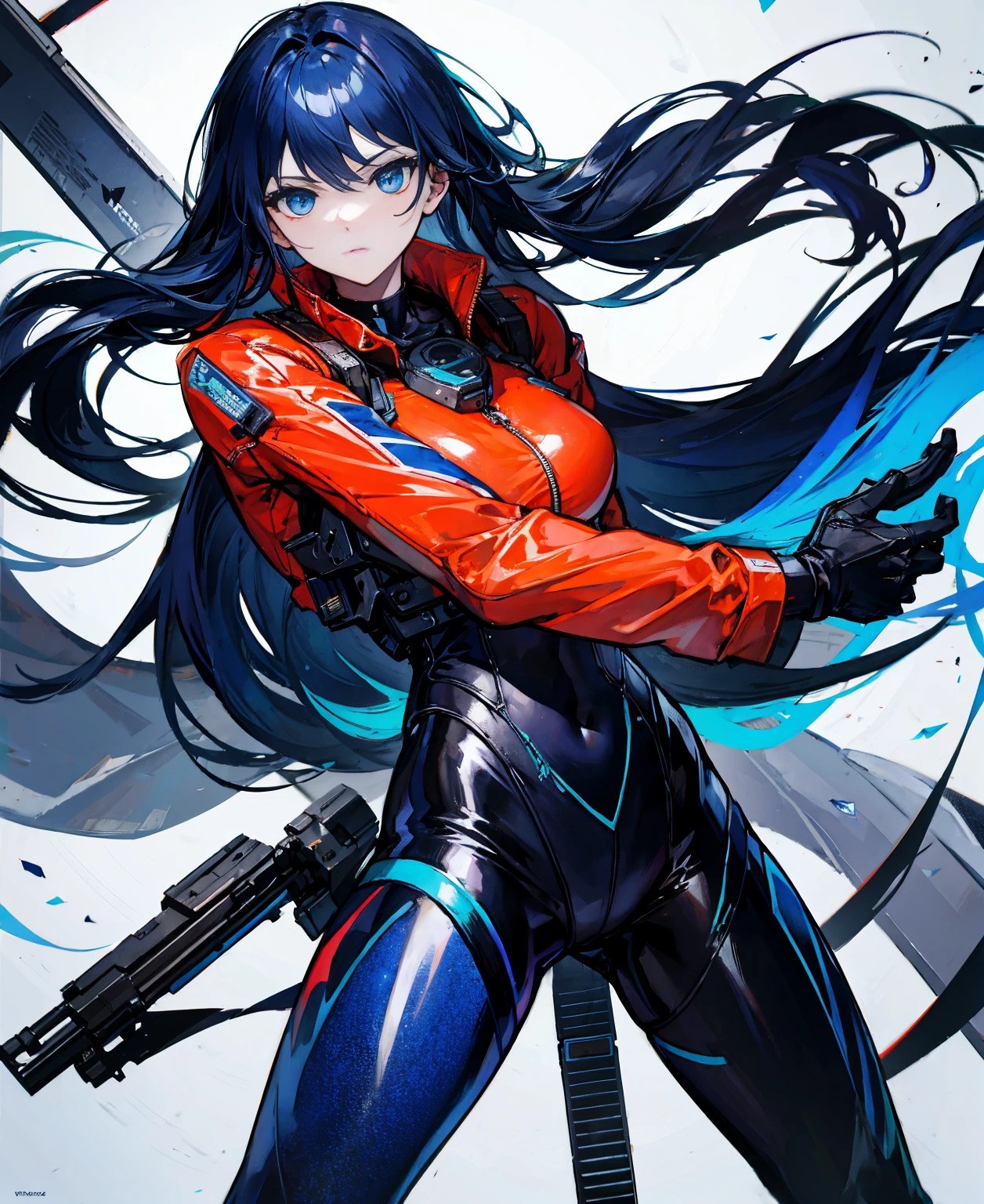 There is no background,girl,Carry a firearm,Patent leather tight suit,Use of firearms,Navy blue long hair,attention arousal,Blue colored eyes,No gradients