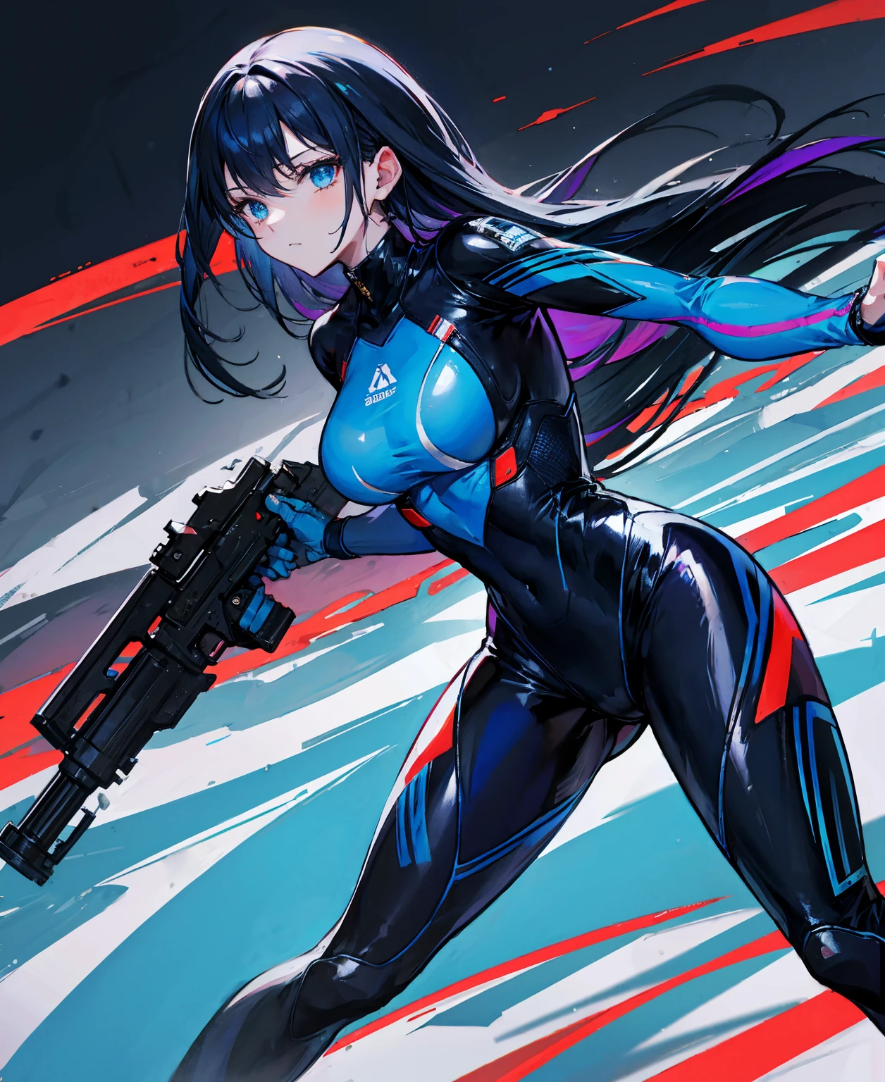 There is no background，girl，Carry a firearm，Patent leather tight suit，Use of firearms，Navy blue long hair，attention arousal，Blue colored eyes,No gradients
