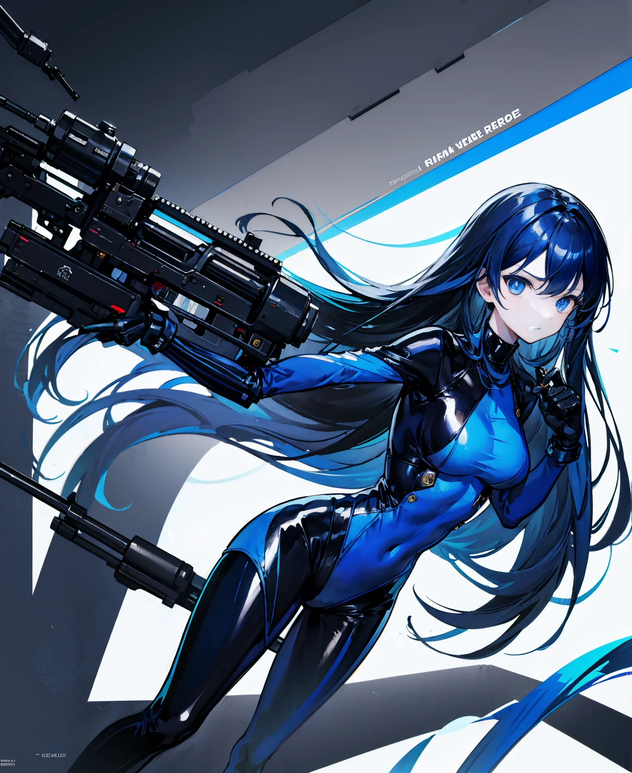 There is no background,girl,Carry a firearm,Patent leather tight suit,Use of firearms,Navy blue long hair,attention arousal,Blue colored eyes,No gradients