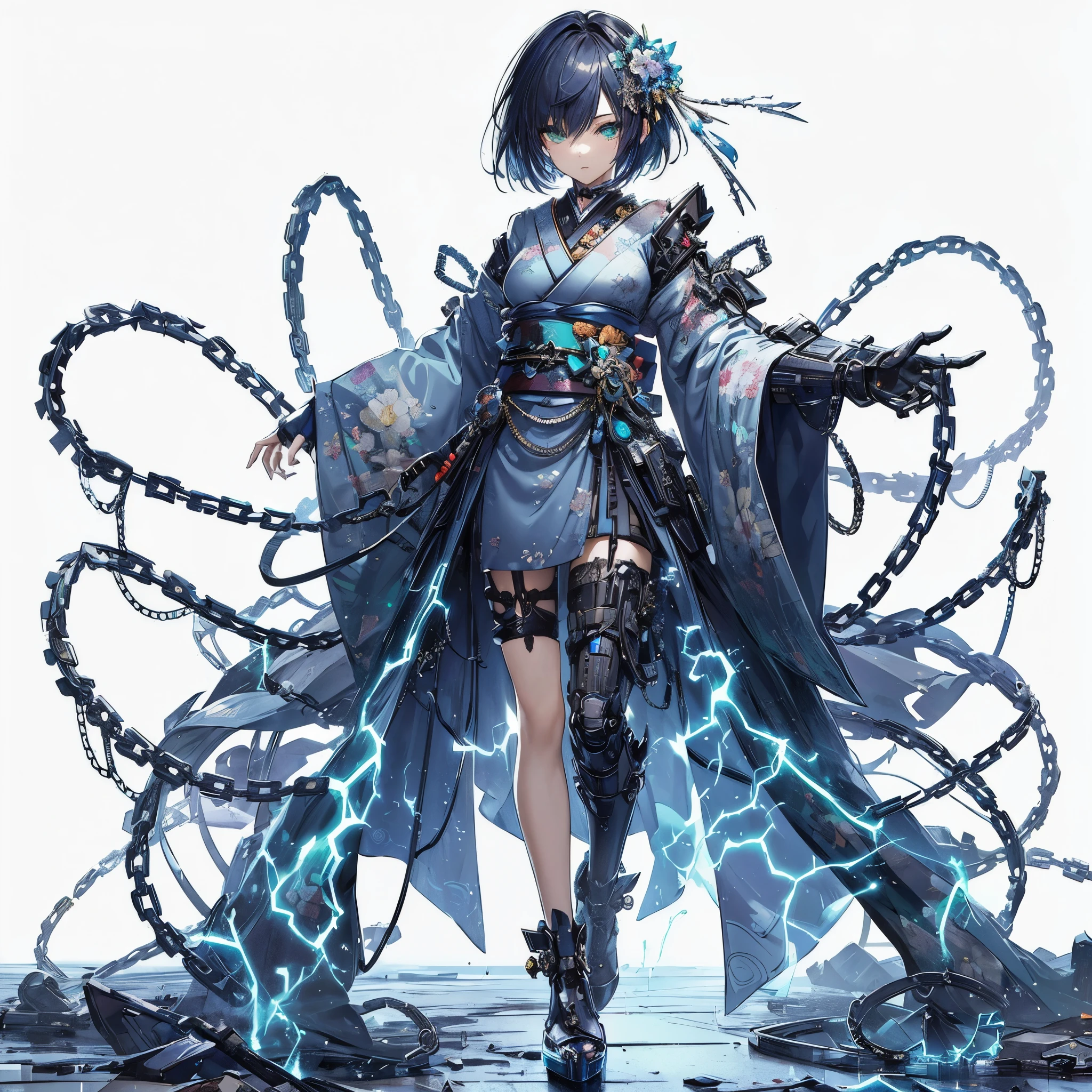 (Masterpiece, top quality), (detailed hair), super detailed, anime style, full body, solo, cyberpunk geisha girl, dark blue medium short hair and flower hair accessory, beautiful green eyes, cyber-KIMONO dress, Bulky gauntlet with lightning chains wrapped, supernatural lightning, high-heeled boots, standing wasteland, white background, whole body,