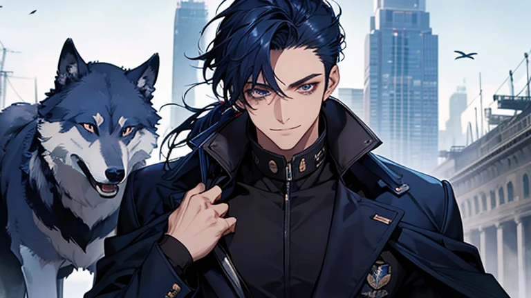 masterpiece, highest quality, one person,There's no one behind me, male,Navy Blue Hair, Low Ponytail,Black and navy blue pilot suit,expensive,,Carrying wolves,He has a navy blue coat draped over his shoulders,,dark blue eyes,Calm,smile,With the wolf,dawn