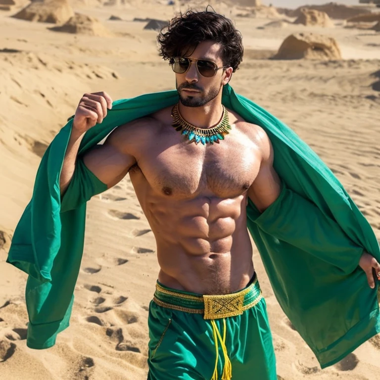 Man who controls sand,I can't see your face,have abdominal muscles,Dressed in Egyptian clothing
