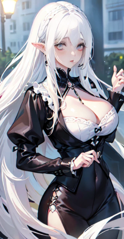 1 girl, fair, Practical, (white hair: 1.5), of long hair, Very long hair, Beautiful Pattern, Sexy, charming, Sexy, enchanting, Hair accessories, necklace, earrings, long white hair, Pity, (rich: 1.4), Surreal 8k CG, picture Perfect face, Flawless, Clean, masterpiece, professional art, famous art, Movie Lighting, Filmy bloom, Perfect face, fair face, beautiful eyes(Huge breasts、Cleavage, cleveage、Thick thighs)), Perfect body、 (Perfect female body, Willow Waist), (ulzzang-6500:1.6)