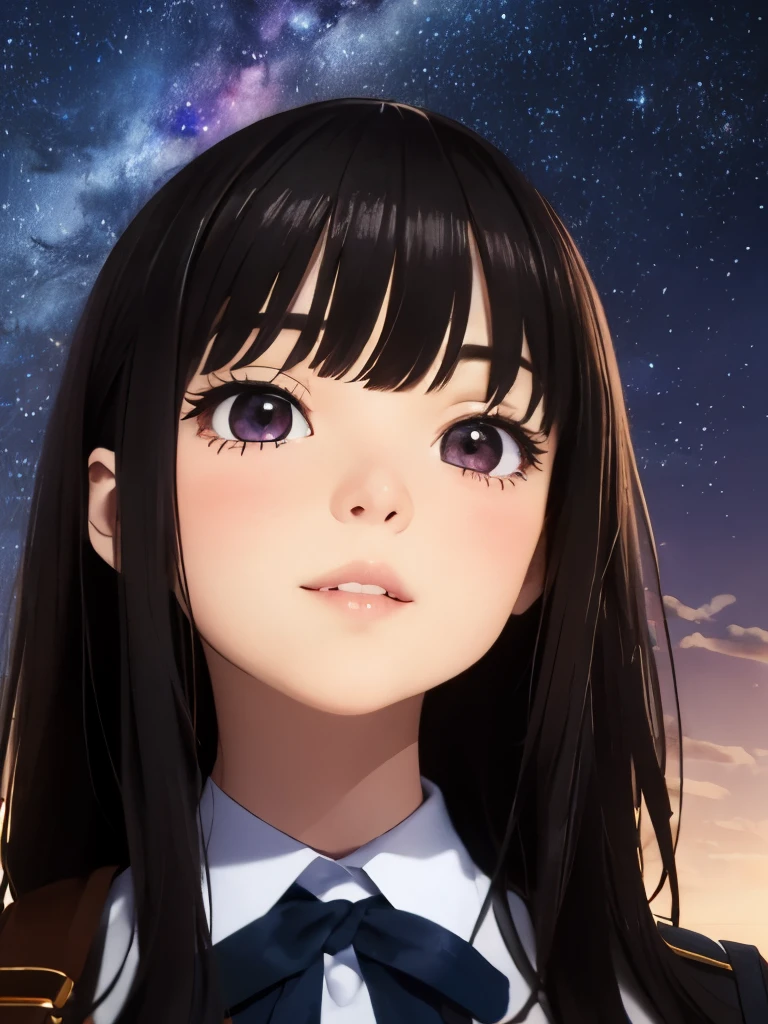 masterpiece, high quality, Draw a detailed face, blurred background, 4K, (ultra-intricate pupil in eyes, shiny eyes), parted lips, kawaii, cute, , slender, (ultra delicate and beautiful skin), perfect anatomy, BREAK (masterpiece, best quality), (ultra-detailed 8K), (perfect design), highres, ((blush)), (super fine illustration), masterpiece, best quality, (amazing, blunt bangs), high resolution, cute face, masterpiece, best quality, extremely detailed, anime, beautiful girl, 1giri, black hair, (night sky), ((milky way)), ((looking up)), (look up at the sky), (full body), from side, ((standing)), ((school uniform)), ((long hair)), spread arms, smile, top of the hill