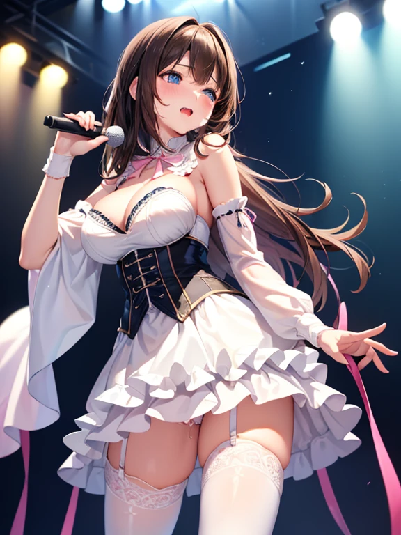 Adult women、The exact number of fingers、Exact number of legs、Exact number of arms、Bangs, Ribbon Ponytail, Brown hair, (blush:1), (put one hand in:1.8), fingering, (cat juice:1.2), Mouth, (A woman holding a microphone ready to sing:1.5)、White and Navy Idol Outfit、The outfit includes a navy blue icon style corset., There is a ribbon on the collar of that costume.、Clothing covers shoulders, both sides, upper arm, and weapons., This costume is only open at the chest.、High socks、White idol style skirt, (Delicate and luxurious decorative lingerie:1.3), Ribbon at neckline, (White and pink with lots of lace:1.3), White lace:1.2), Sexy Lingerie, High Leg Raise、(Huge breasts、Cleavage, cleveage、Thick thighs)), Perfect body、 , (stand erect:1), The skirt is rolled up、best quality, high resolution, (Delicate and beautiful eyes:1.6), The face is rich in detail, Perfect lighting, Very detailed CG, (Perfect hands, Perfect anatomical structure),Embarrassed expression、The expression of not wanting to go to the toilet, (Sexual pleasure expression:1.4), (Expression of pain:1.2)、Close your eyes、sexy look、look up、The mouth is half open、、(live stage、Many viewers:1.3)、whole body
