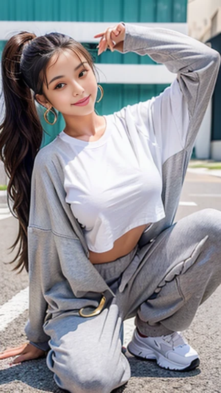 (Small Chest)、Small breasts,Sexy cute looks and cute 15 year old beautiful girl, Beautiful and sexy face、A strong wind blows my hair in front of my face、Cute long straight beautiful black hair:1.2, (ponytail:1.2),Sexy Eyes,slightly dark skin,Kind eyes,Smiling face,(Uniform eye size:1.2), ((Slightly droopy eyes)),(Large round gold earrings) ,(oversized white t-shirt:1.4), (Grey oversized sweatpants:1.4),(Hip Hop Dancer:1.2),Dance Studio,(Crouching with legs apart)