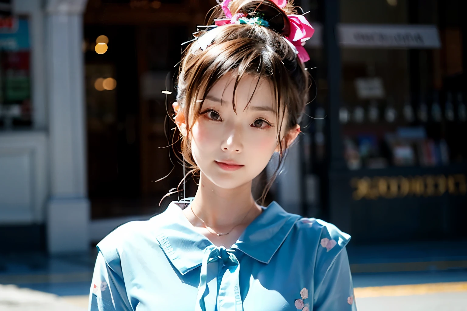 (Chiaki), (masterpiece), (highest quality), (Super detailed),(Disheveled Hair),(figure), (One girl), (Fashionable clothes), Are standing, Fashion Model, View your viewers, (interview), (Simple Background),Beautiful fine details, Delicate and beautiful face, floating,(High saturation),(Colorful splashes),Colorful bubbles,(The Shining), Focus on the face, ponytail, kamisato ayaka, Light blue hair, bangs, Hair Ring, Floating Flowers, Floating hair, (The Shining), Best lighting, Best Shadow,