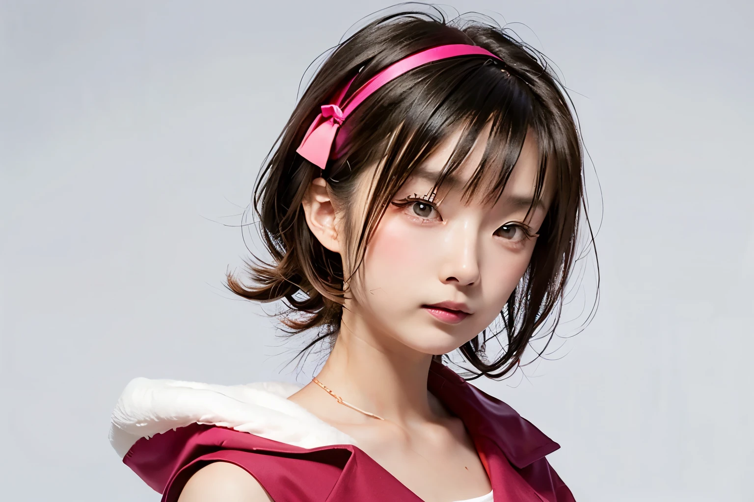 (Chiaki), masterpiece, highest quality, High resolution, Serena (Pokemon), short hair, blue eyes, One girl, alone, Blue Ribbon, eyelash, Neck ribbon, No sleeve, bangs, clavicle, Bare arms, Pink Dress , Red coat, white background, front, No view, Looking at the audience,Upper Body, In-person audience, solid color background, clean background, To the camera, High resolution, Expressionless calm face, White background, avert your eyes, Simple_background
