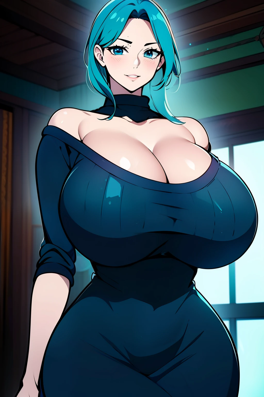 An anime-style artwork depicting ruan mei from the game Honkai star rail.
Tags: ruan mei, anime, detailed eyes, detailed lips, black crop top, (sweater dress:1.1), bare shoulders, cleavage smiling expression, intense gaze, glowing emblem on hand, dynamic pose, indoor, luxury palace, vibrant colors, digital art, high-resolution, professional quality, gigantic breasts, (underboob : 1.4), curvy, cowboy shot, (gigantic breasts: 1.4), (blue eyes: 1.4), (light Aquamarine Blue hair: 1.4), short hair