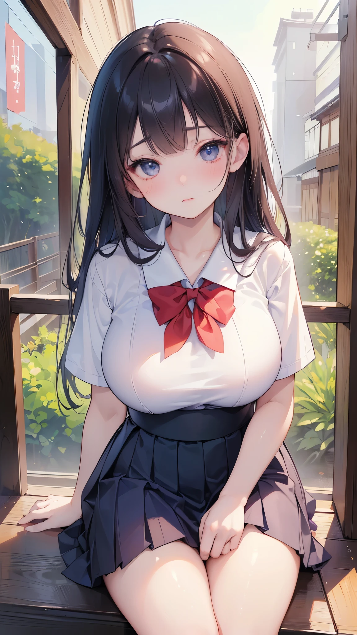 (((masterpiece))),(((High resolution)))、(((8K)))、(((perfect face)))、(((beauty of japan)))、20 years old、(((beautiful face))), (((school uniform))), embarrassed look, look at the camera, thighs、top quality eyes, detailed texture, look at the camera, plump, plump thighs, big tits, all body