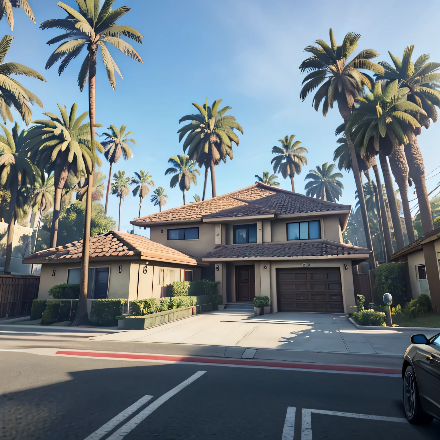 there is a small house with a lot of stairs and palm trees, ((gta 5 screenshot house)), gang house, in gta v, gtav, hq very detailed, style of gta v, gta v screenshot, gta 5 screenshot, [ 4 k photorealism ], 4 k photorealistic, 4k photorealistic, 4 k extremely photorealistic, 4k extremely photorealistic