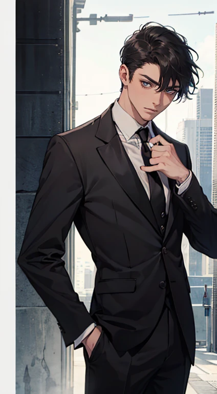 ((a young man in a black suit and tie)), taken in the early 2020s, gotham, alejandro, he looks very sophisticated, (((left side swept bang black short hair))), (dark green eyes and thick eyebrows), smirk. ((20 years old)), ((Black suite and black tie)), masterpiece, posture dynamic, one person,