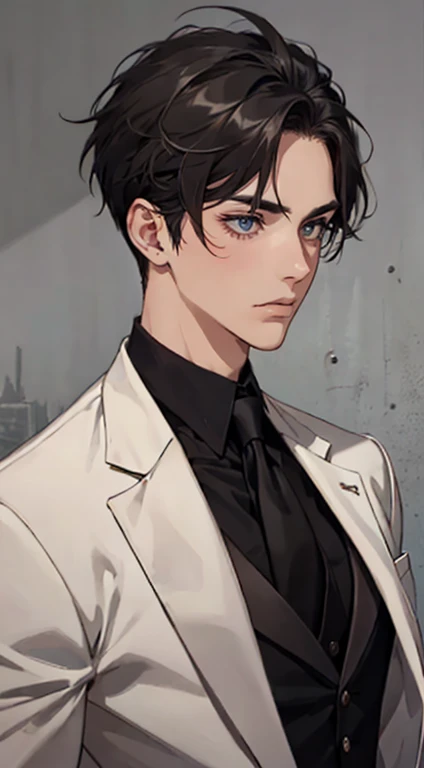 ((a young man in a black suit and tie)), taken in the early 2020s, gotham, alejandro, he looks very sophisticated, (((left side swept bang black short hair))), (dark green eyes and thick eyebrows), smirk. ((20 years old)), ((Black suite and black tie)), masterpiece, posture dynamic, one person,