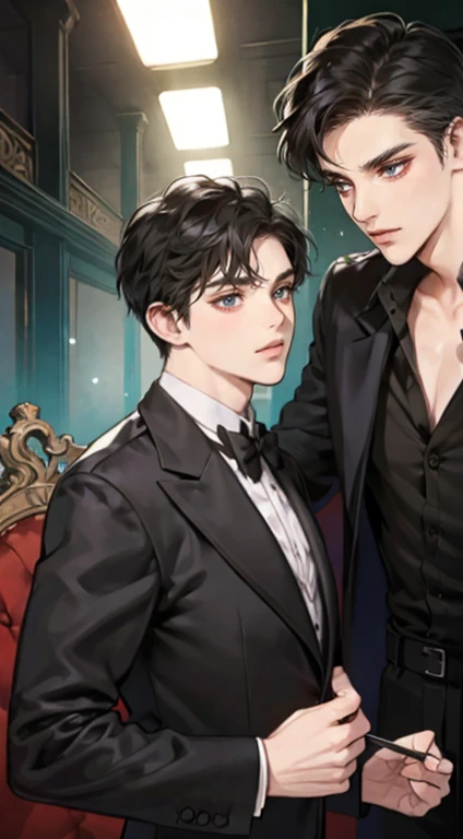 ((a young man in a black suit and tie)), taken in the early 2020s, gotham, alejandro, he looks very sophisticated, (((left side swept bang black short hair))), (dark green eyes and thick eyebrows), smirk. ((20 years old)), ((Black suite and black tie)), masterpiece, posture dynamic, one person,