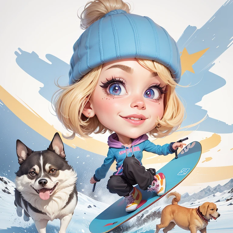 ((digital drawing)),((4k)),((JIM EIDOMODE)), cartoon girl on a snowboard with dogs and a dog, caricature style, caricature illustration, Cartoon style illustration, in cartoon style , animal caricaturist, caricaturist, cartoon portrait, caricature!!!, caricature, cartoon illustration, CARTOON ART, caricature, caricature, color digital illustration, air brush illustration, cartoon digital painting, ART CARTOONstyle