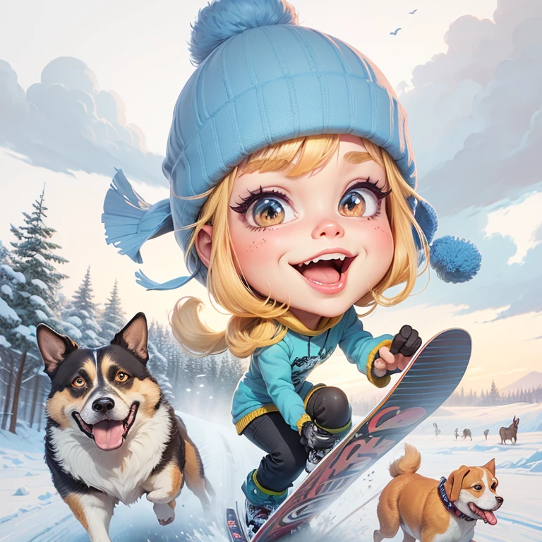 ((digital drawing)),((4k)),((JIM EIDOMODE)), cartoon girl on a snowboard with dogs and a dog, caricature style, caricature illustration, Cartoon style illustration, in cartoon style , animal caricaturist, caricaturist, cartoon portrait, caricature!!!, caricature, cartoon illustration, CARTOON ART, caricature, caricature, color digital illustration, air brush illustration, cartoon digital painting, ART CARTOONstyle