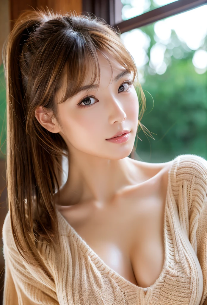 ((NSFW))、(masterpiece:1.5)、(8K)、(Best image quality:1.4)、highest quality、masterpiece、超A high resolution、Perfect dynamic composition、
29 year old Japanese model、Huge tits,thin、Beautiful woman:1.4、Cute expression knit sweater(Tight dress)Wearing、
Light brown hair、The hairstyle is a ponytail、Shiny Hair、 double eyelid、 Natural color lip、Clear skin、Huge breasts ,