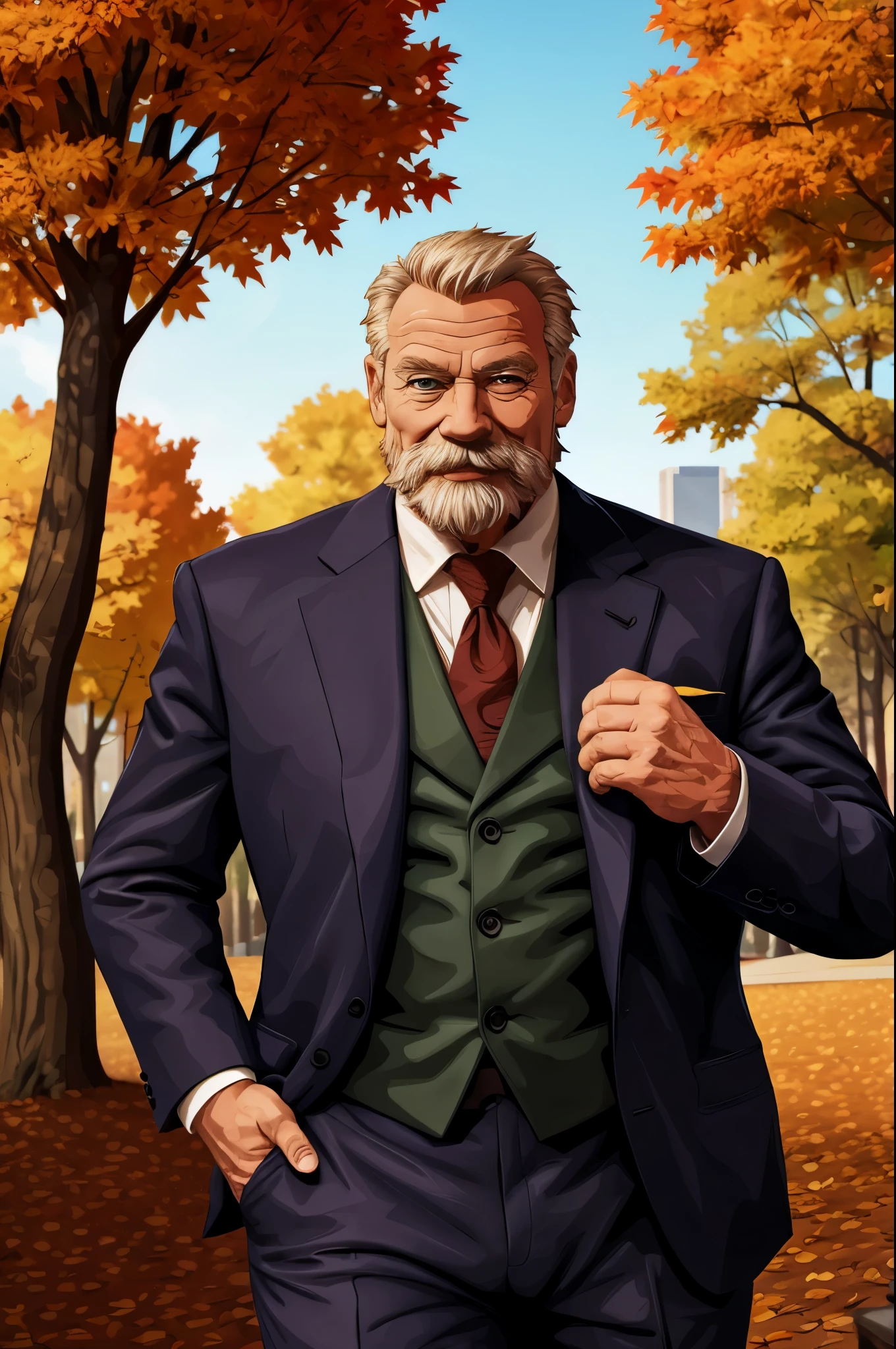 portrait, muscular old man in park, happy, autumn, suits, vector, mwvector