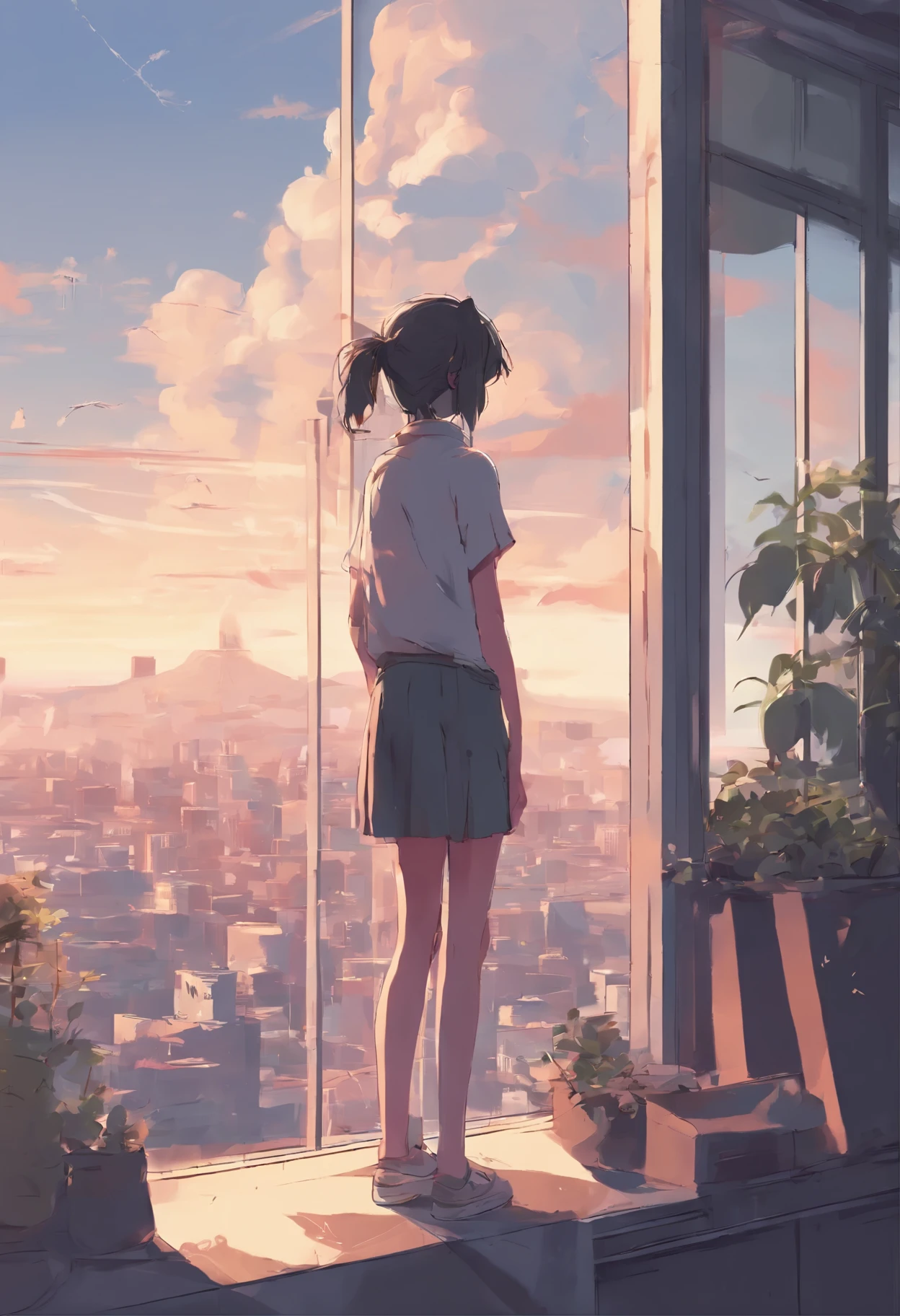 anime girl sitting on a window sill looking out at the city, digital art inspired by Makoto Shinkai, pixiv, digital art, lofi girl, lofi feel, lofi art, lofi artstyle, lo-fi art, lofi girl aesthetic, lofi vibes, lofi, anime vibes, lofi portrait at a window