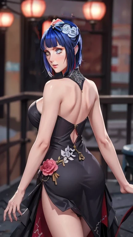 （（（New Chinese suit，Cement gray dress,（（（heavy，woman \(Naruto\),woman, Blue Hair, Orange pupils, short hair, Hair accessories, flower, hair flower, ））），（（（Wide hips））），S-shaped figure:1.7））），((masterpiece)),high resolution, ((Best quality at best))，masterpiece，quality，Best quality，（（（ Exquisite facial features，Looking at the audience,There is light in the eyes，Shy，blush，pain，Bear ））），（（（Light and shadow intertwine，Super huge ，cleveage））），（（（Looking at the camera，From the back，Plump ass，slender legs）））