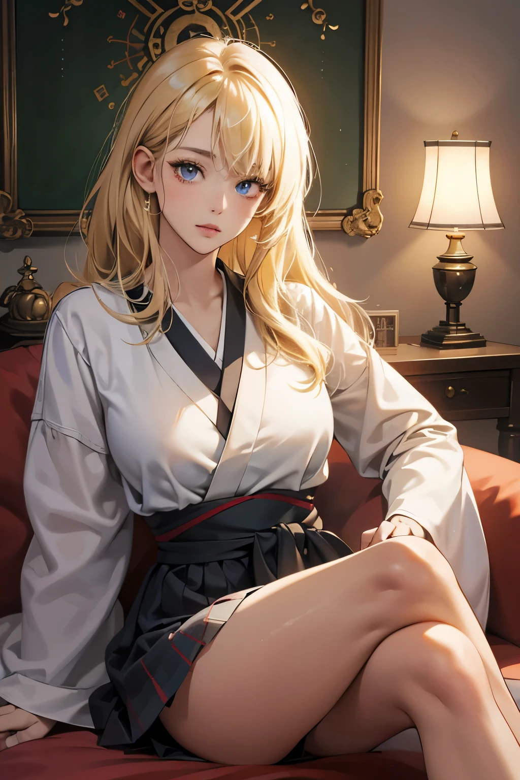 (absurdres, highres, ultra detailed),Masterpiece,intricate details,Best quality,8k,Realistic face,anime girl,Realistic skin texture,magnified textures, stunning clarity, ultra detailed eyes and faces, glare,(japanese school girl),blonde hair,gyaru,(tanned skin:1.2),surrounded pendulum clocks,dark atomosphere,(from avove),look at viewer,sitting on the sofa,crossed legs,big breasts,